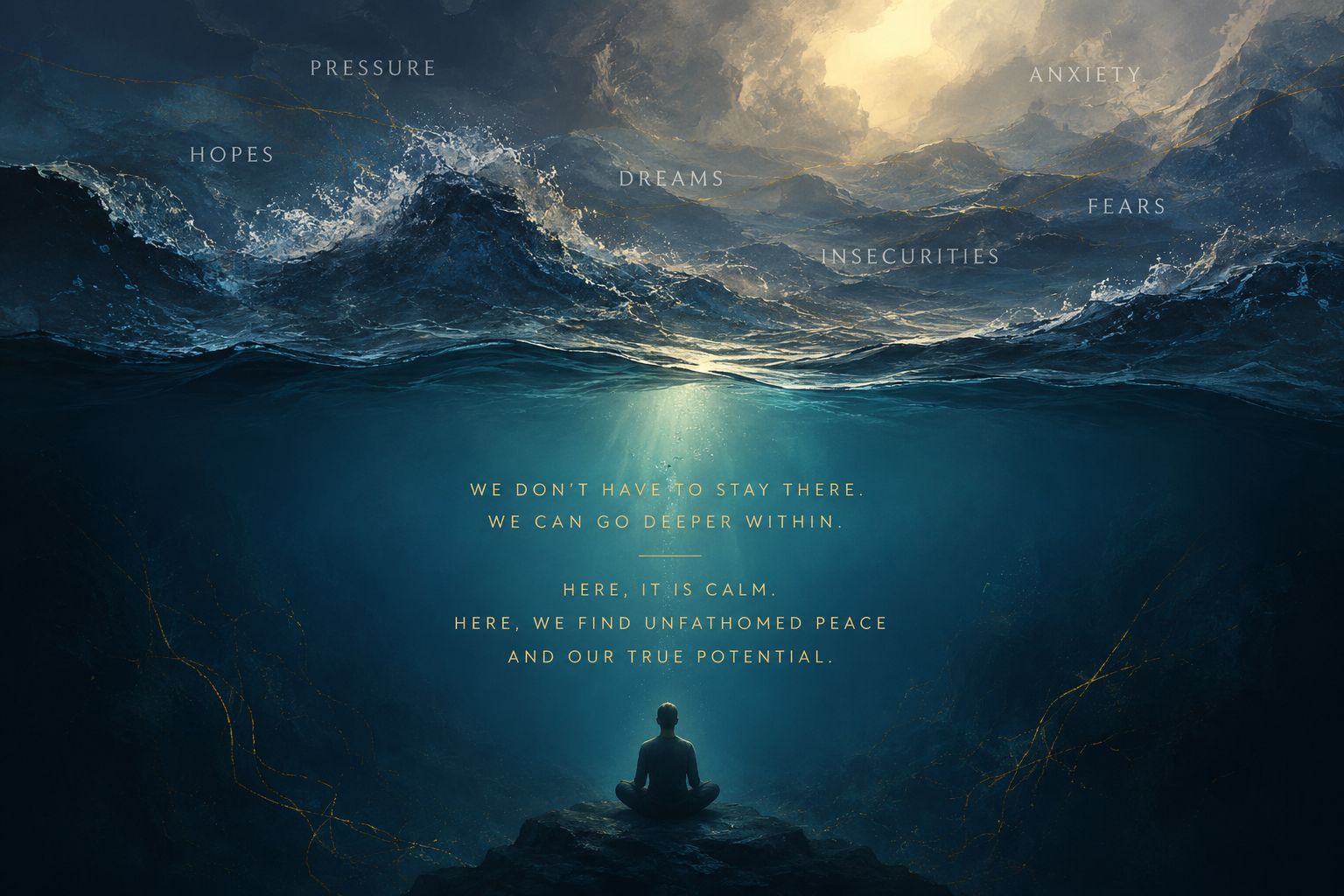 A person in a meditative pose sitting on a rock at the bottom of an ocean, looking toward turbulent waves and clouds above, with words like 'pressure,' 'hope,' 'dreams,' 'anxiety,' 'fears,' 'insecurities' scattered across the waves. The image contains an inspirational message about inner peace.