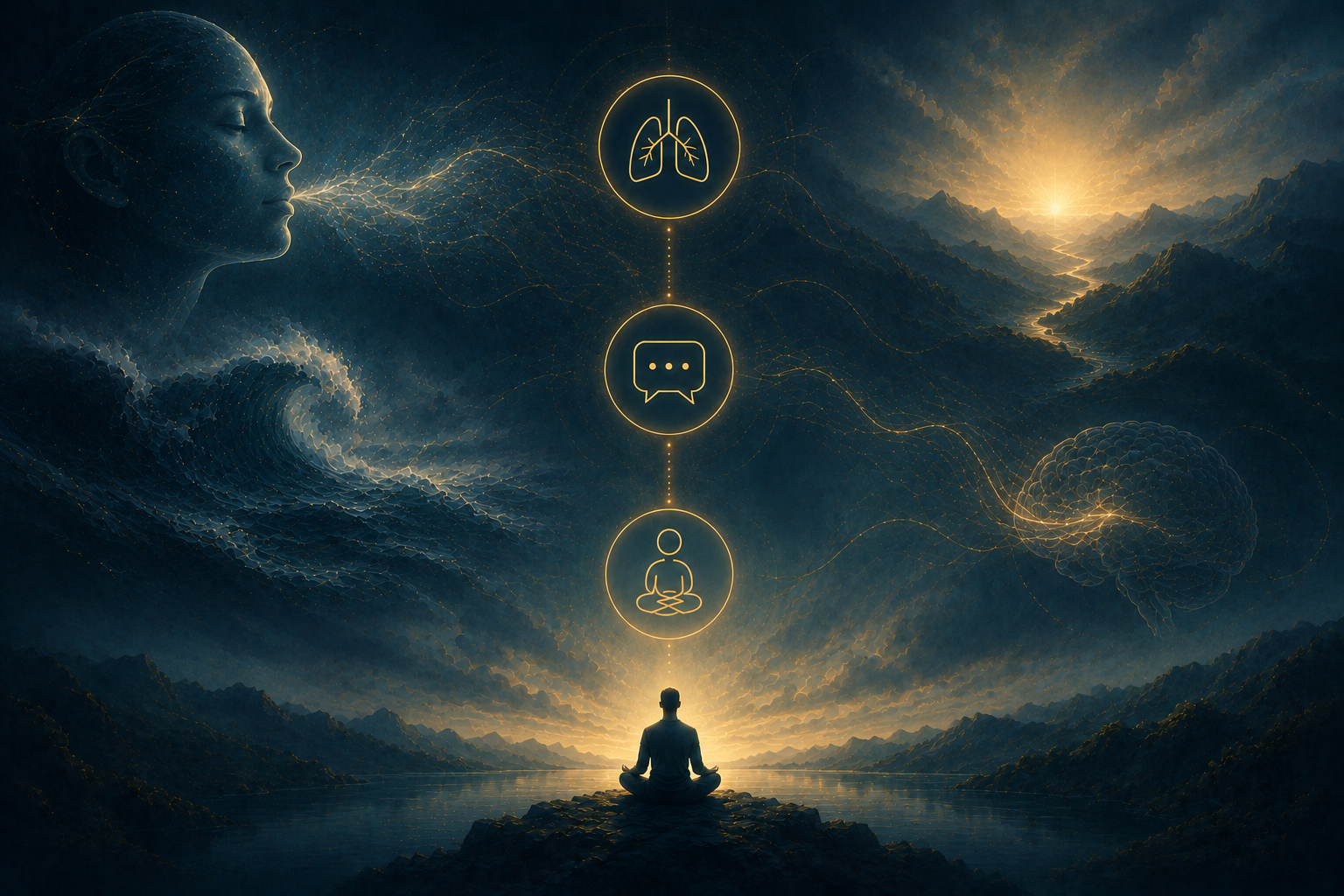 Digital artwork of a person practicing meditation at sunset, with symbols representing lungs, chat, and a person in a seated meditation position glowing above, surrounded by mountains, water, and cosmic elements.
