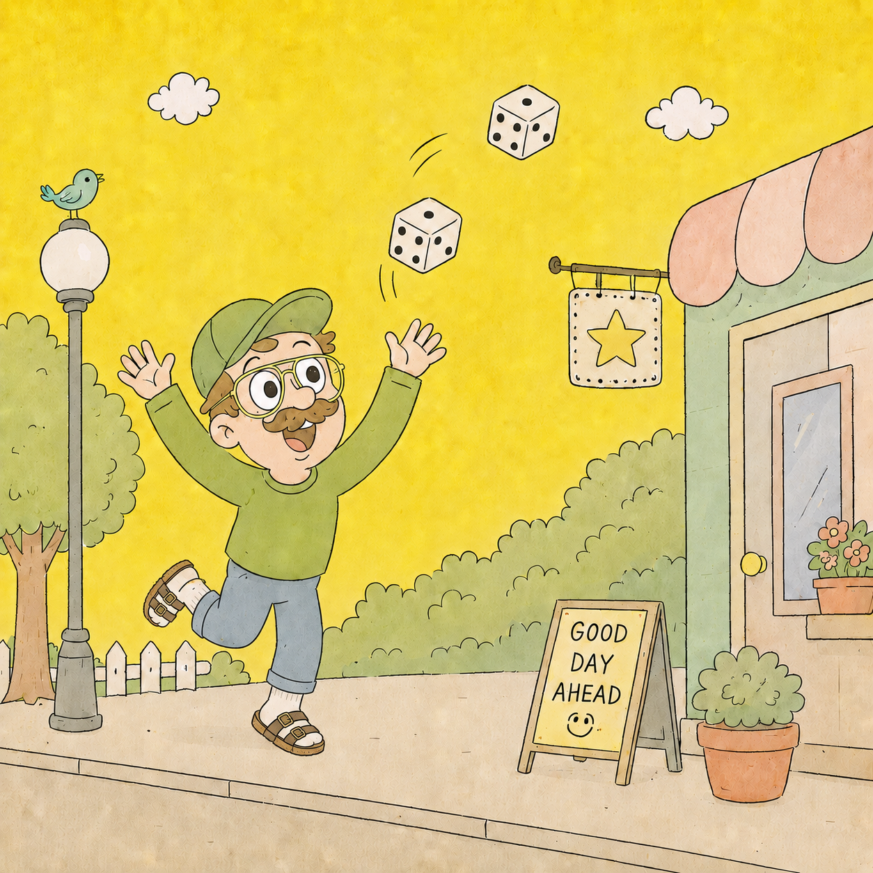 A cartoon man with glasses and a beard, wearing a green hat and sweater, joyfully juggles two dice on a sunny street. There is a streetlamp with a bird on top, a sign that reads 'Good Day Ahead' with a smiley face, and a building with a flowerpot outside. Trees and bushes are in the background.