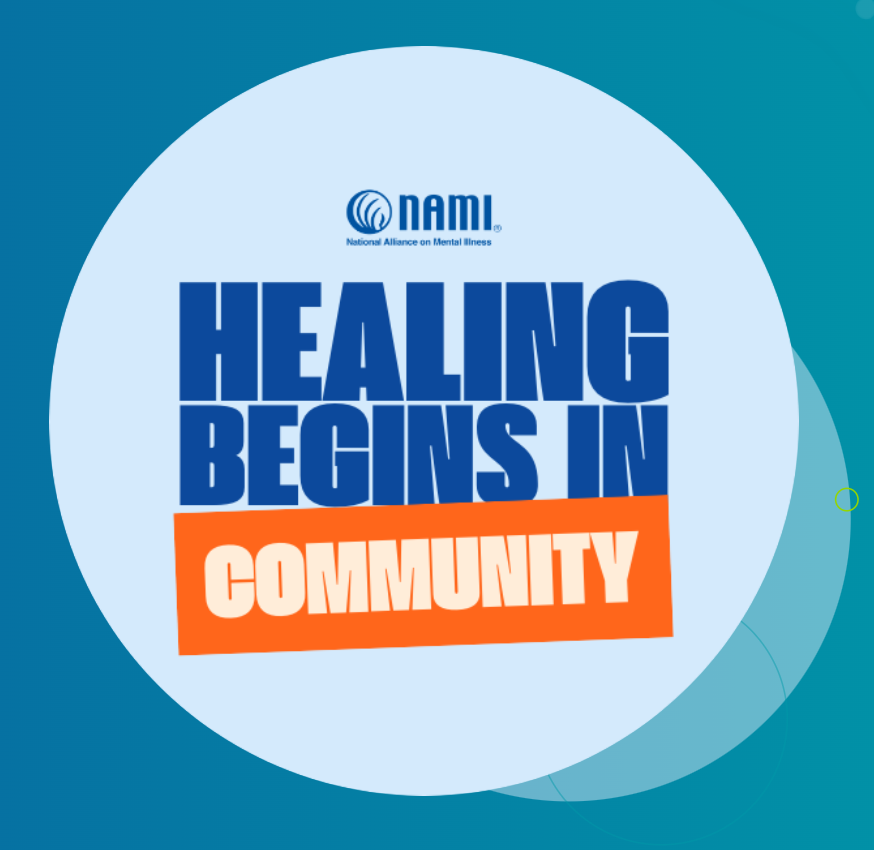 Logo of the National Alliance on Mental Illness with the slogan 'Healing Begins in Community' in bold blue and orange text.