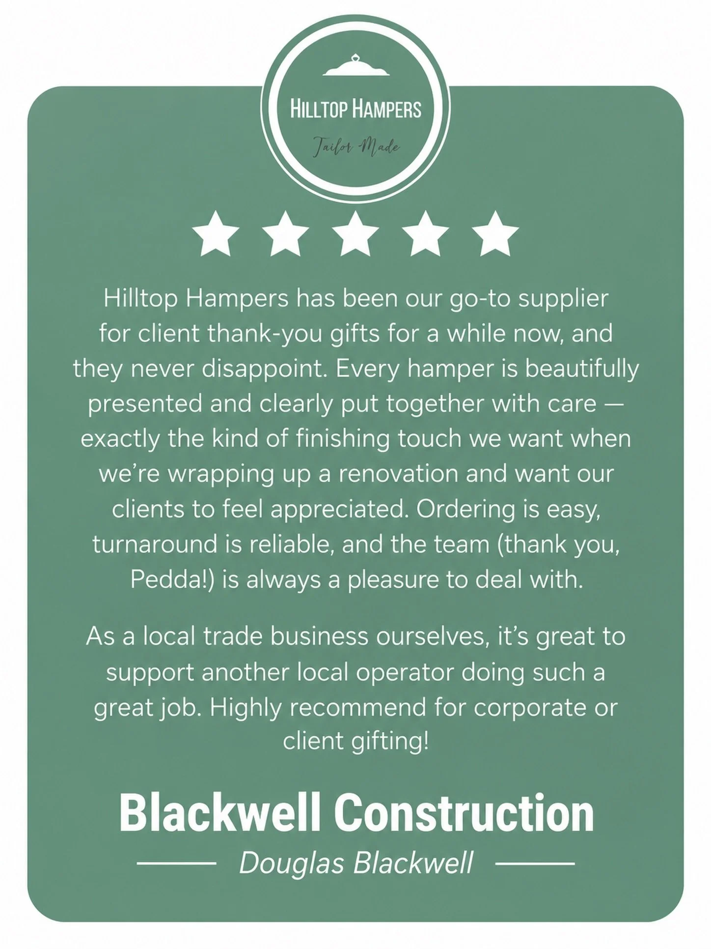 I love working with local builders and being part of that final handover moment.

A Hilltop Hamper is their way of saying thank you to their clients and celebrating the end of one journey and the beginning of another.

Thank you Douglas and @blackwel