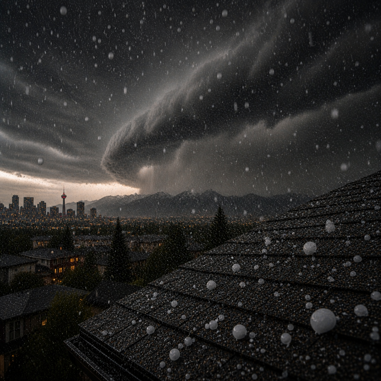 Dark storm clouds over a city with rain falling heavily, and a mountain range in the background. The city skyline and rooftops are visible in the foreground.