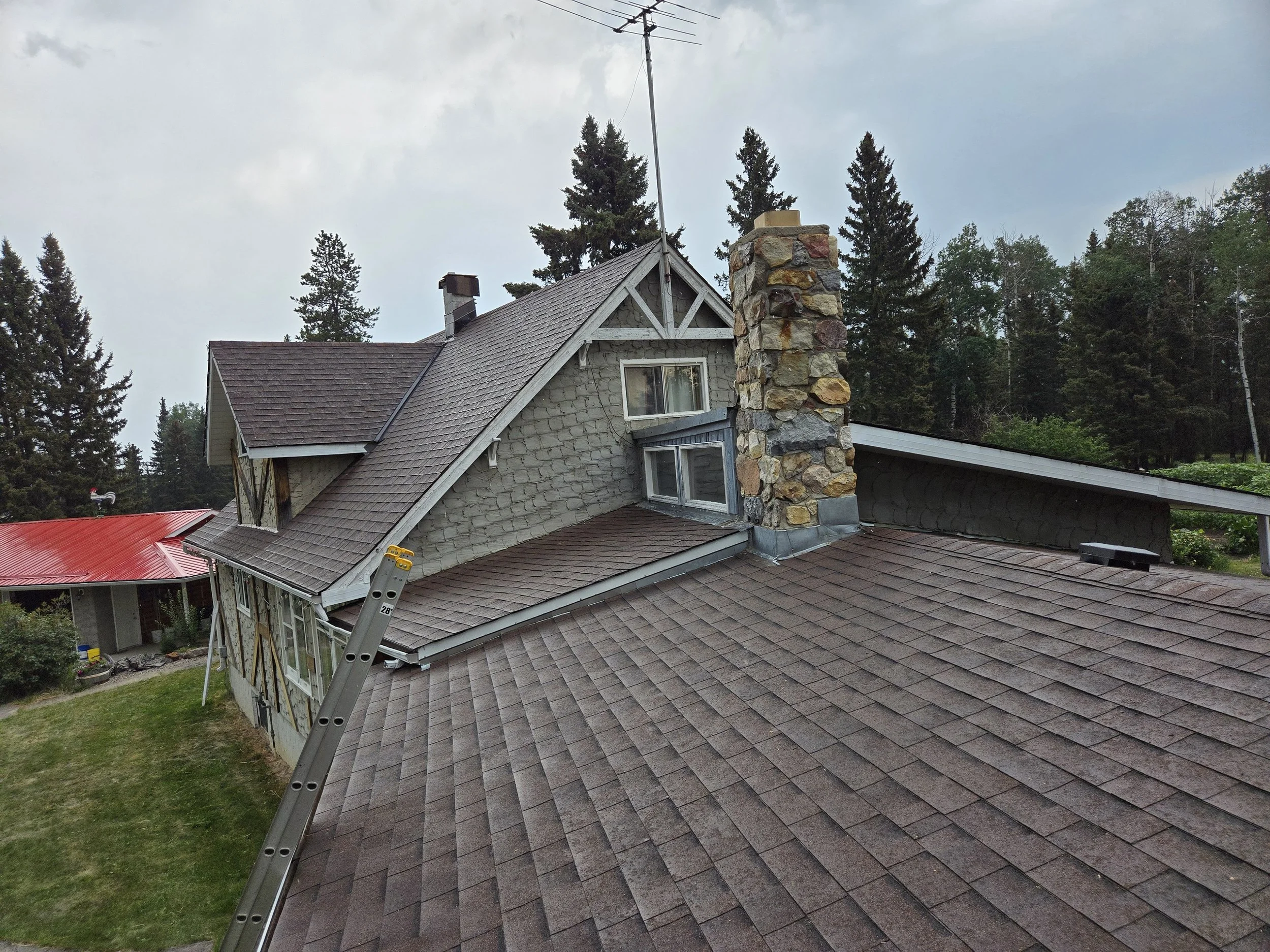A house with a steep roof, a stone chimney, and a large window, surrounded by tall trees on a cloudy day.