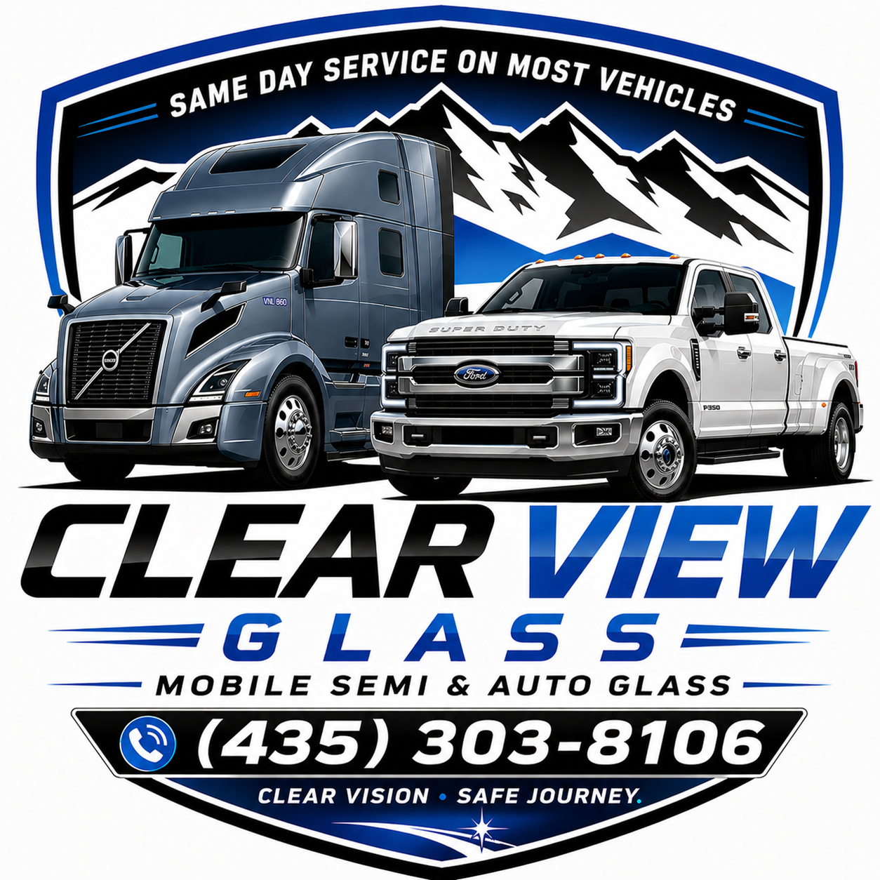 Logo for Clear View Glass featuring images of a semi-truck and a pickup truck, with a mountain background and contact information for mobile auto and semi-glass services.