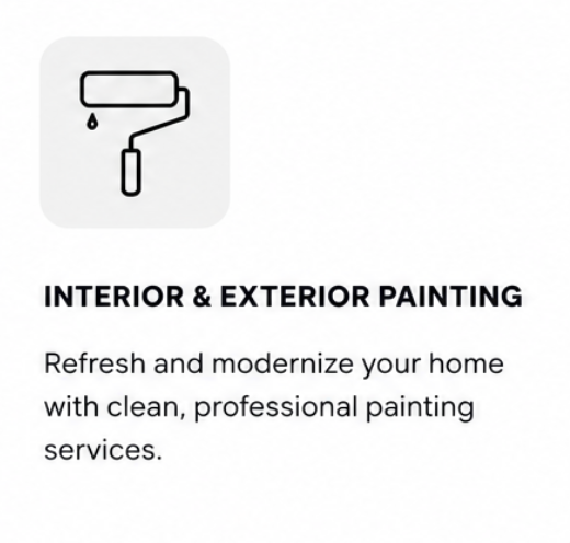 Icon of a paint roller dripping paint with text promoting interior and exterior painting services for home improvement.