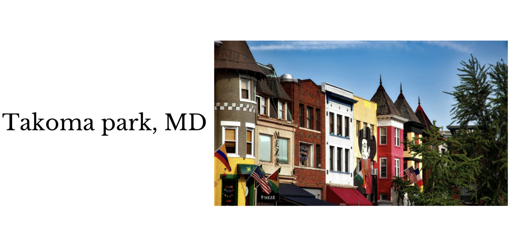 Colorful Victorian-style buildings on a tree-lined street in Takoma Park, Maryland, under a blue sky.