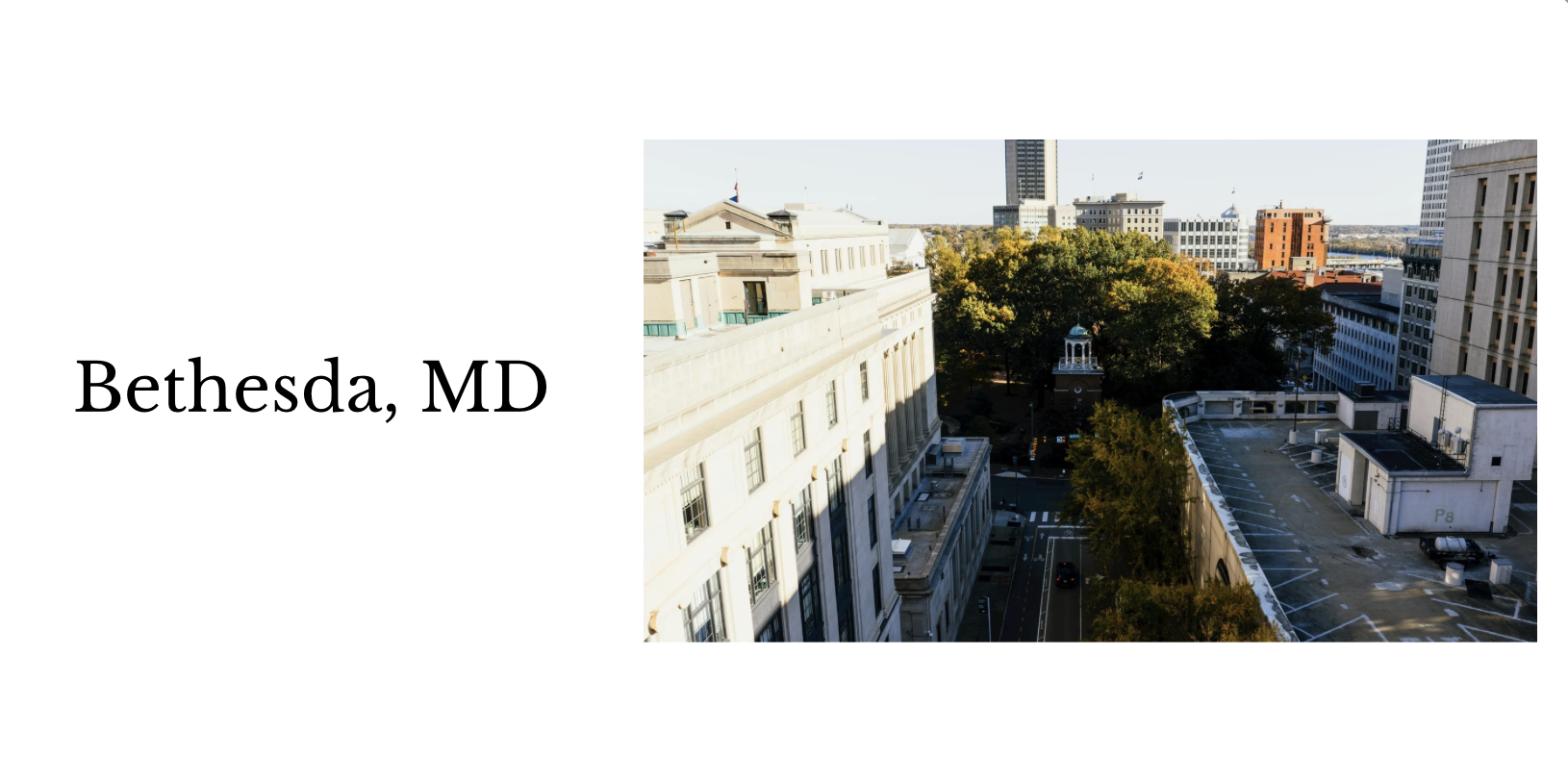 A cityscape of Bethesda, Maryland with a mix of historical and modern buildings, trees, and sidewalks.