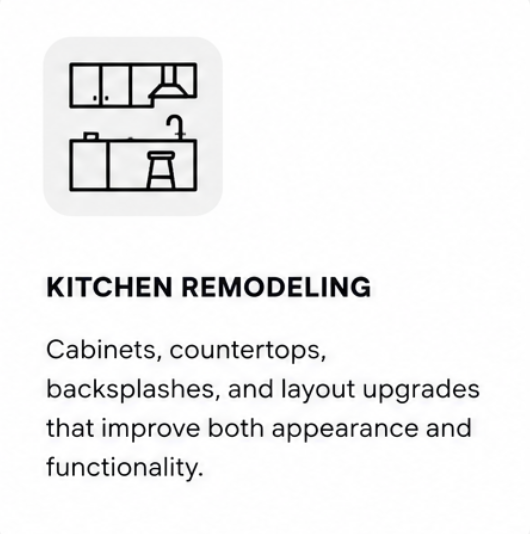 Illustration of kitchen remodeling with cabinets, countertops, backsplashes, and layout upgrades.