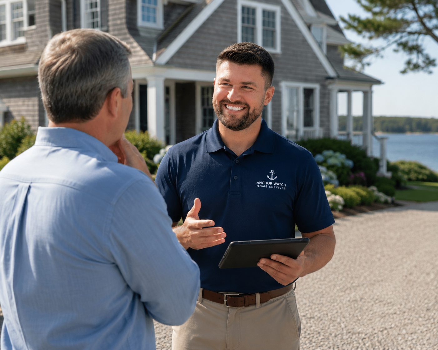 A smiling young man wearing a navy blue polo shirt with 'Anchor Watch Home Services' logo is talking to an older man outdoors near a large house with a waterfront view. The young man is holding a tablet.