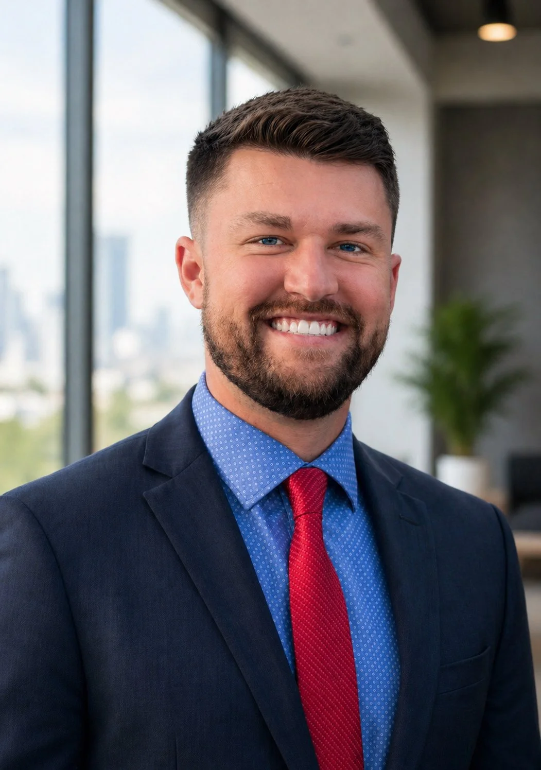 Co-Founder Ben, in a navy suit, blue shirt, and red tie, standing in an office with large windows and cityscape in background.
