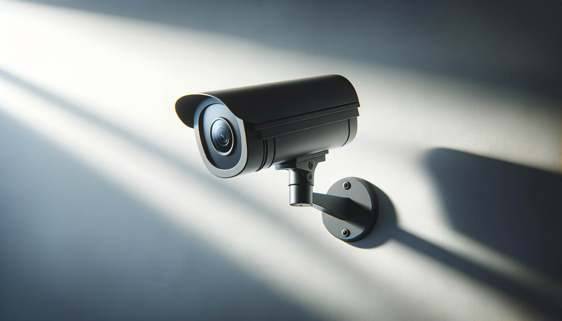 A black security camera mounted on a wall with light and shadow falling across the surface.