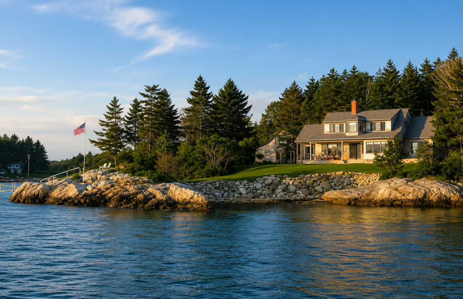 A waterfront house with a stone shoreline, American flag on a pole, lush green trees, and a clear blue sky.
