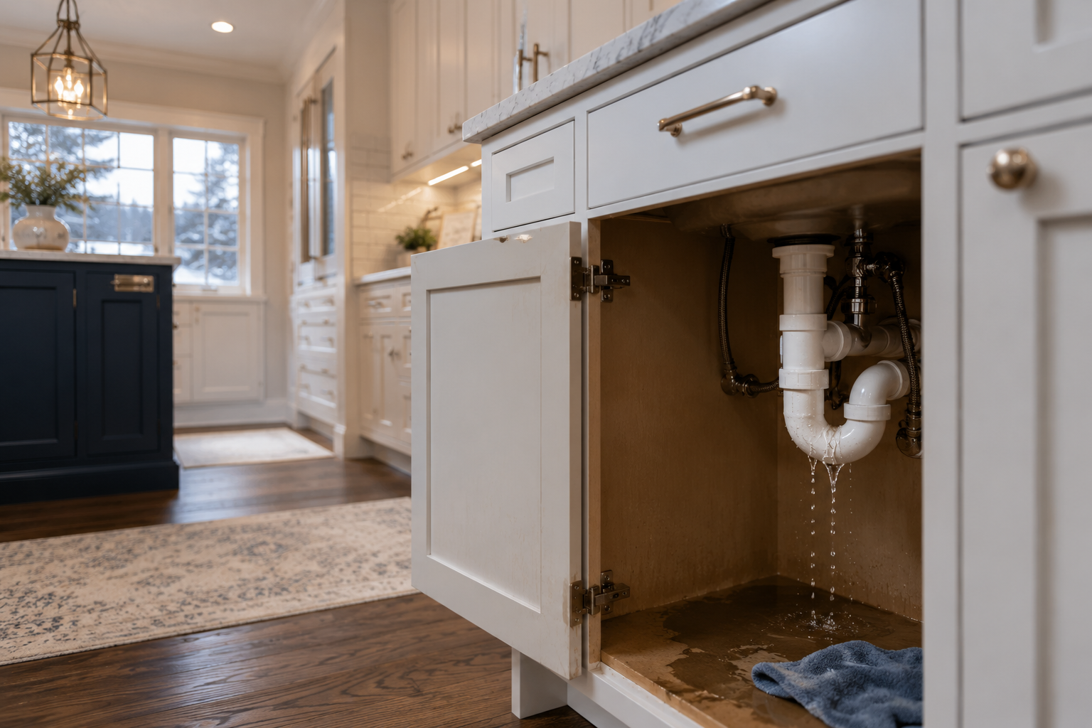 Open kitchen cabinet with leaking plumbing pipes underneath, water dripping onto the floor, with a blue cloth on the floor.