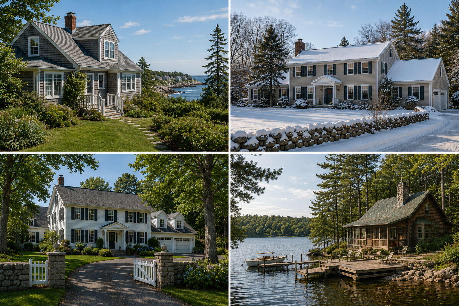 Collage of four scenic houses in different seasons. Top left: gray house by a waterbody with a garden. Top right: white house with snow and trees. Bottom left: white house with a driveway and trees. Bottom right: lakeside cabin with a dock and boats.