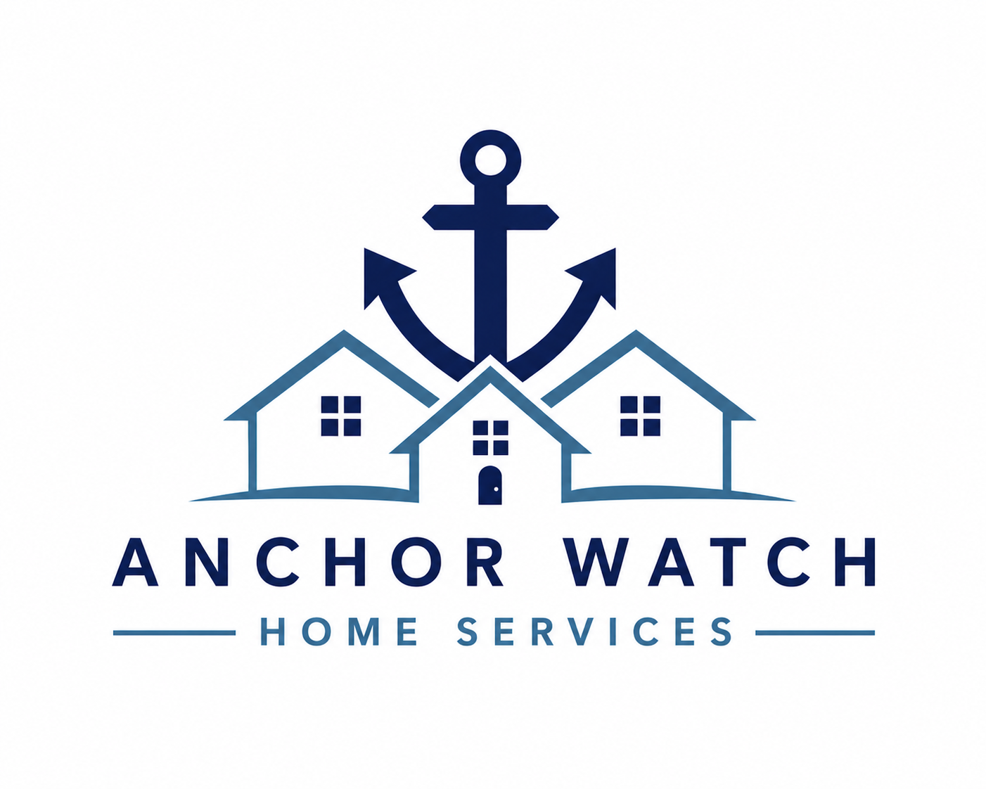 Logo for Anchor Watch Home Services featuring three houses with windows, a large anchor behind the houses, and the text 'ANCHOR WATCH' above 'HOME SERVICES' with lines on either side.