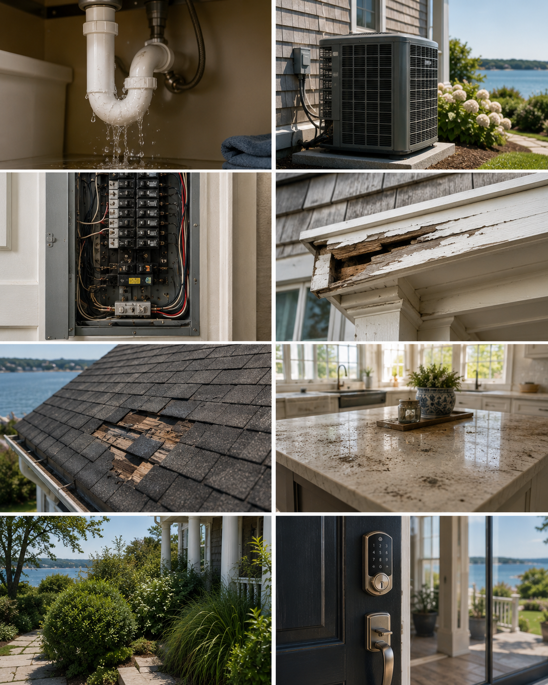 A collage of home exterior and interior features: a leaking pipe, an air conditioning unit outside, an electrical panel, deteriorated house trim, damaged roof shingles, a kitchen island, a landscaped yard, and a front door lock.
