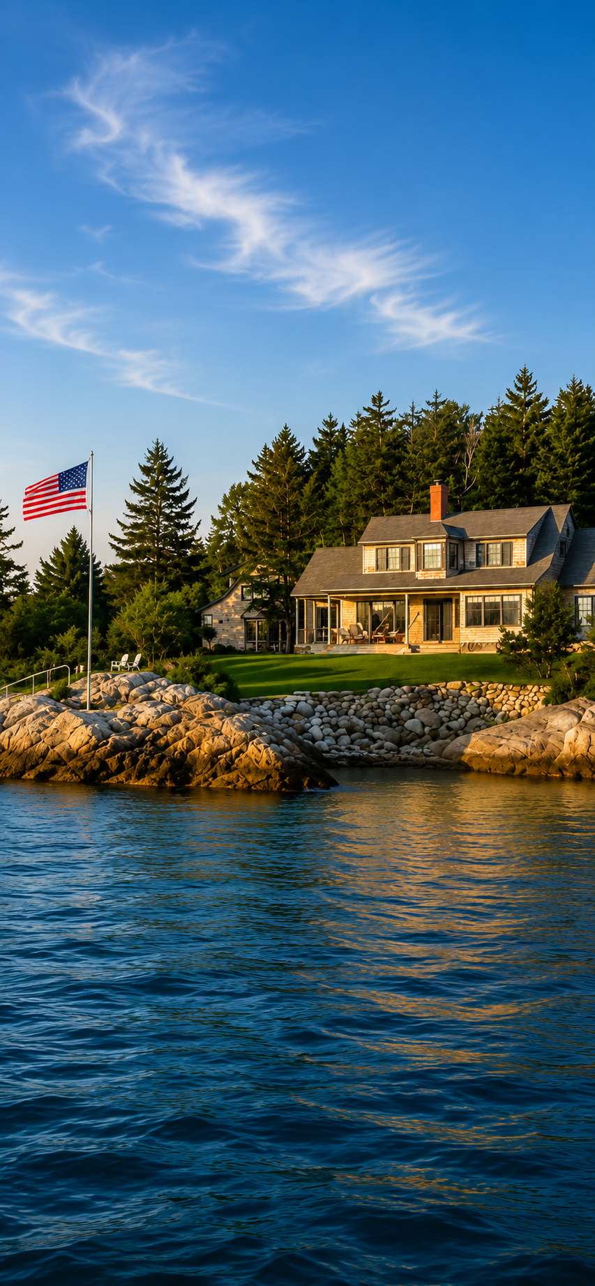 A house by the water with an American flag on a flagpole, surrounded by trees and rocks, under a blue sky with wispy clouds.