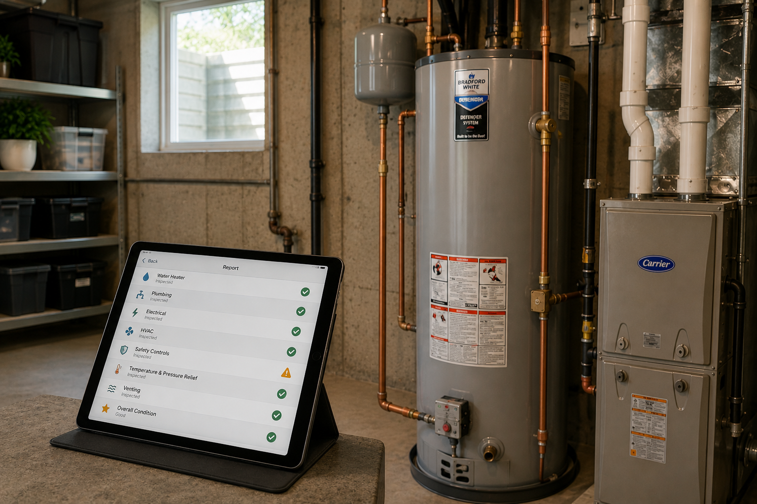 A tablet displaying a maintenance report in front of a water heater and HVAC system in a utility room.