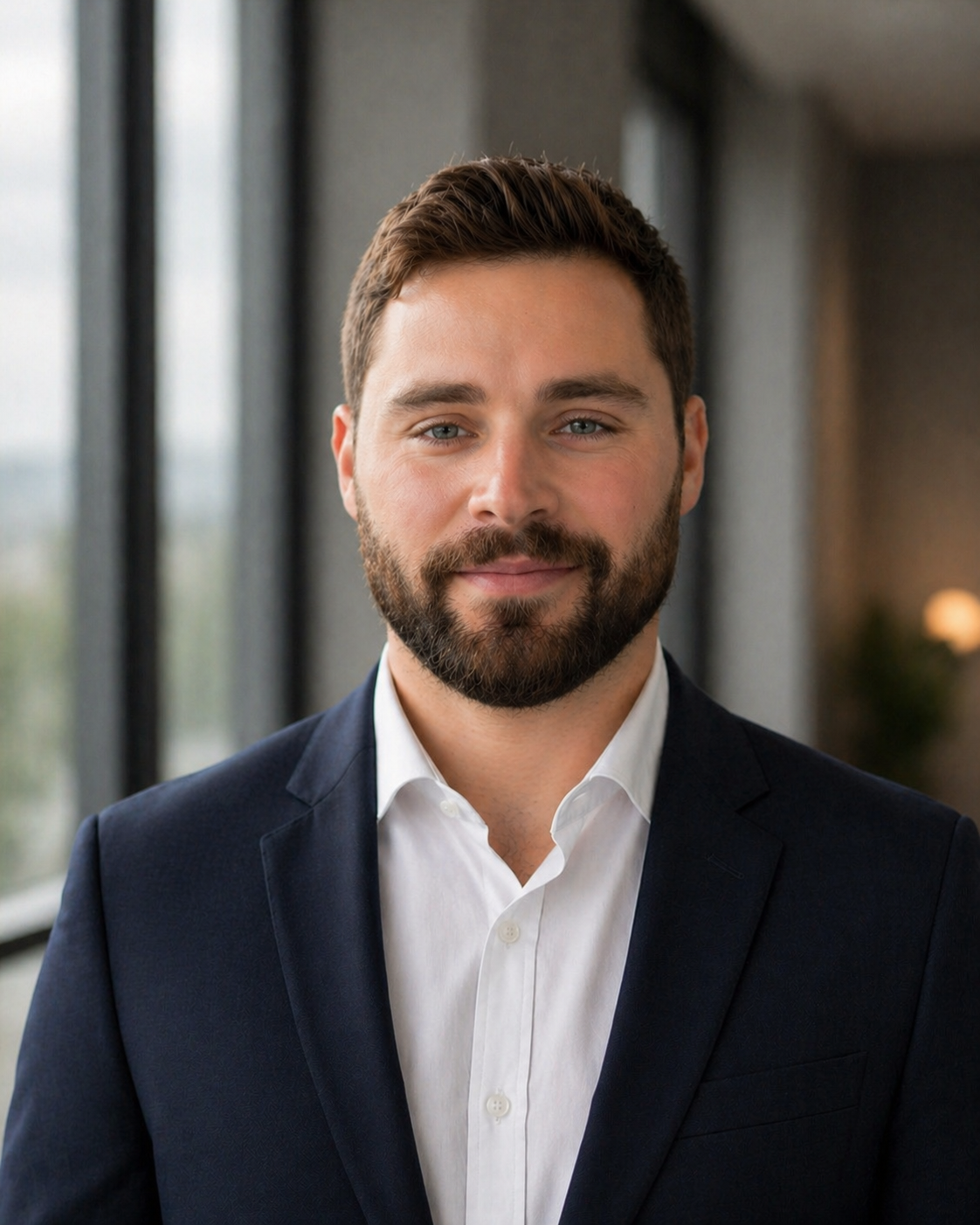 Co-Founder Cody, wearing a navy blazer and white shirt, standing in a modern office with large windows.