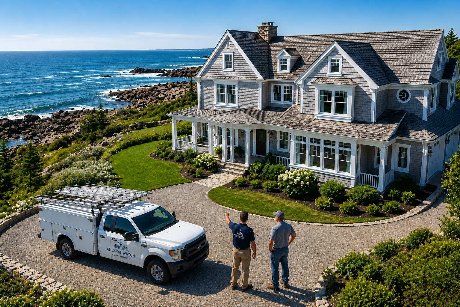 Two men are standing in front of a large house overlooking the ocean; one is pointing towards the house while the other listens. A white service van with "Anchor Watch" logo is parked nearby, with a gravel driveway surrounding the house and lush landscaping.