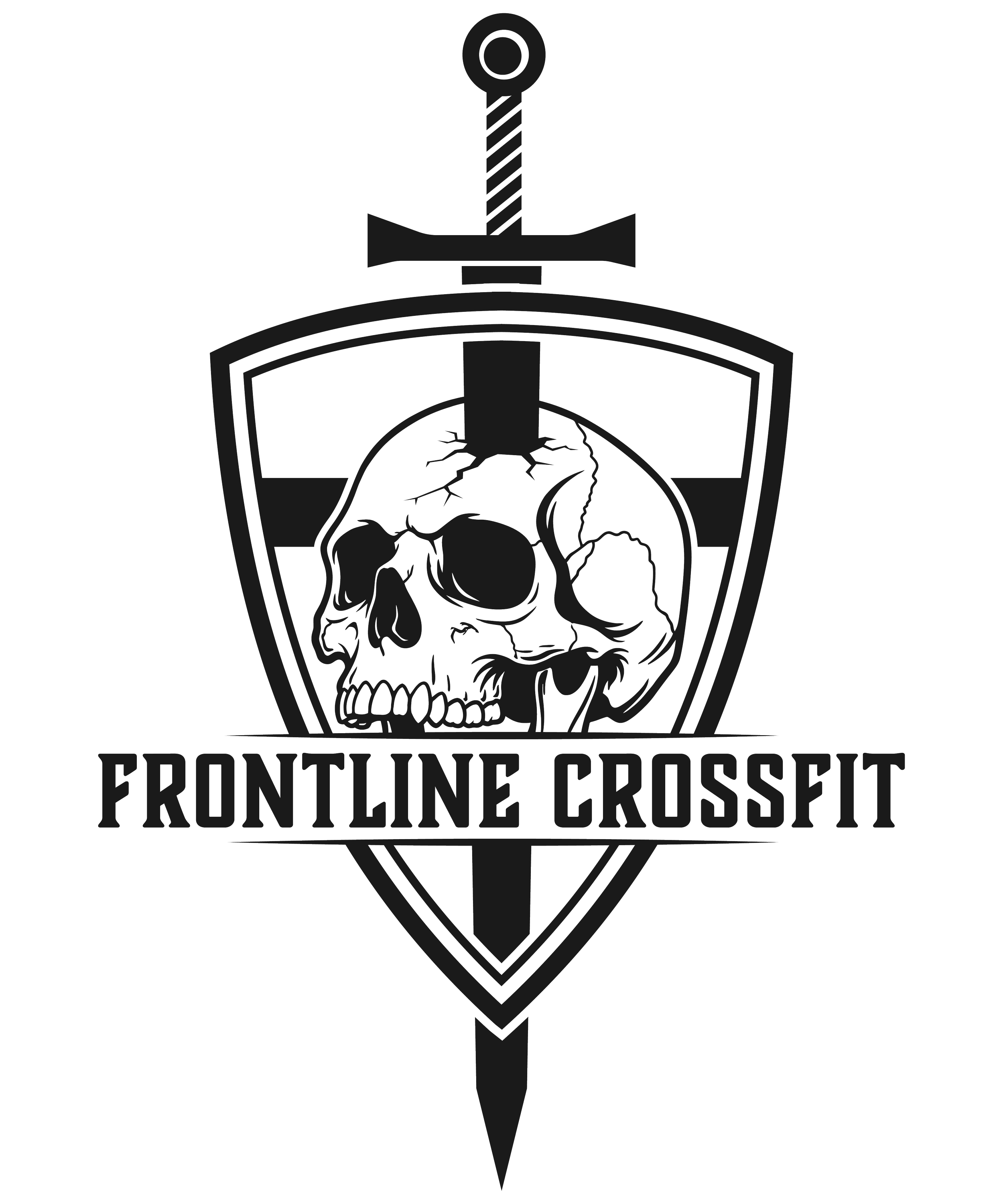 A black and white graphic featuring a skull in front of a shield with a sword penetrating the skull. The text 'FRONTLINE CROSSFIT' is displayed below the skull.