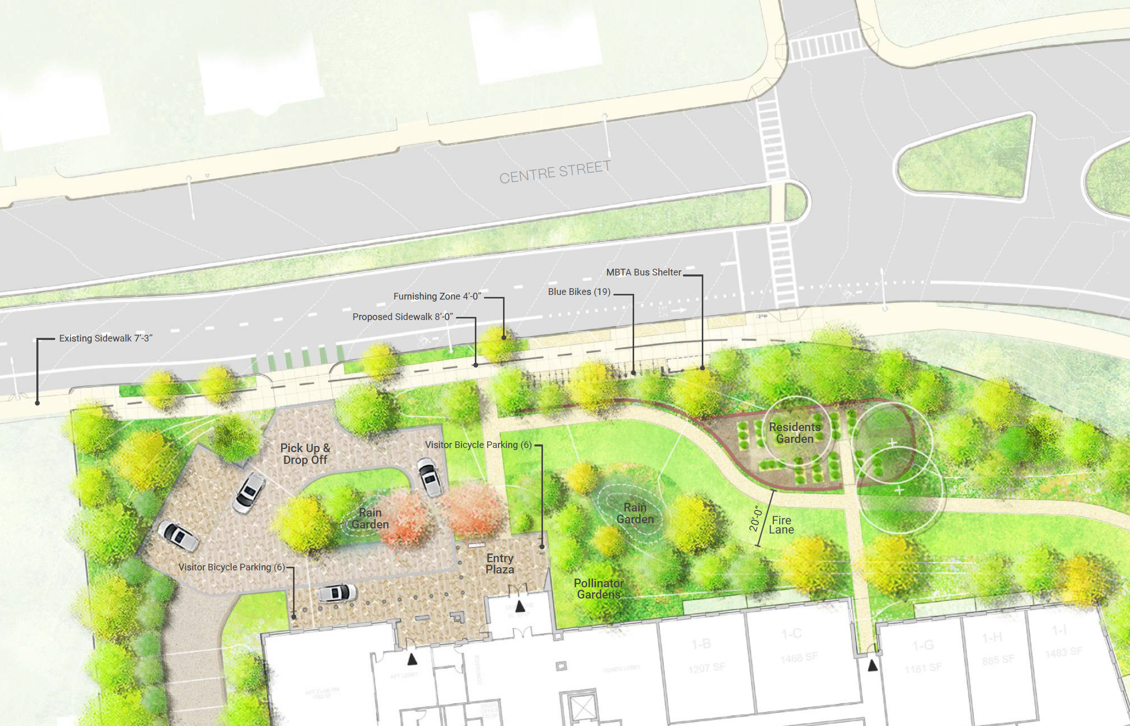 A detailed landscape plan showing streets, sidewalks, bike parking, gardens, and a fire lane.