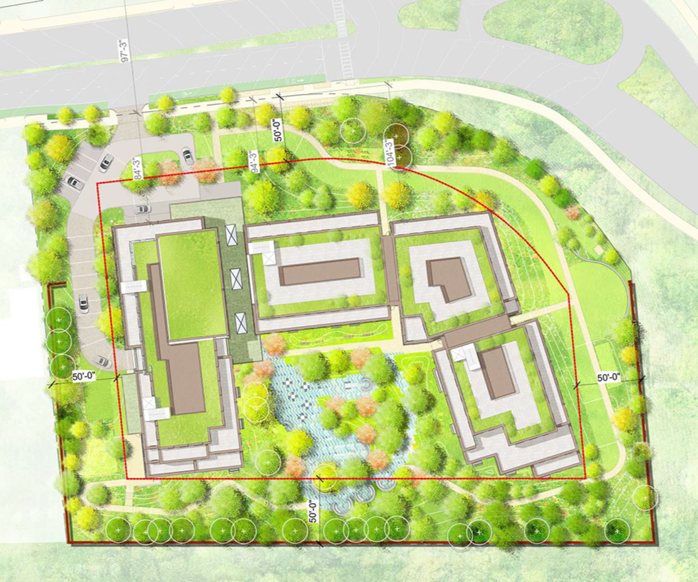 A detailed site plan of a residential or commercial development incorporating buildings, green spaces, pathways, parking areas, and landscaping elements.