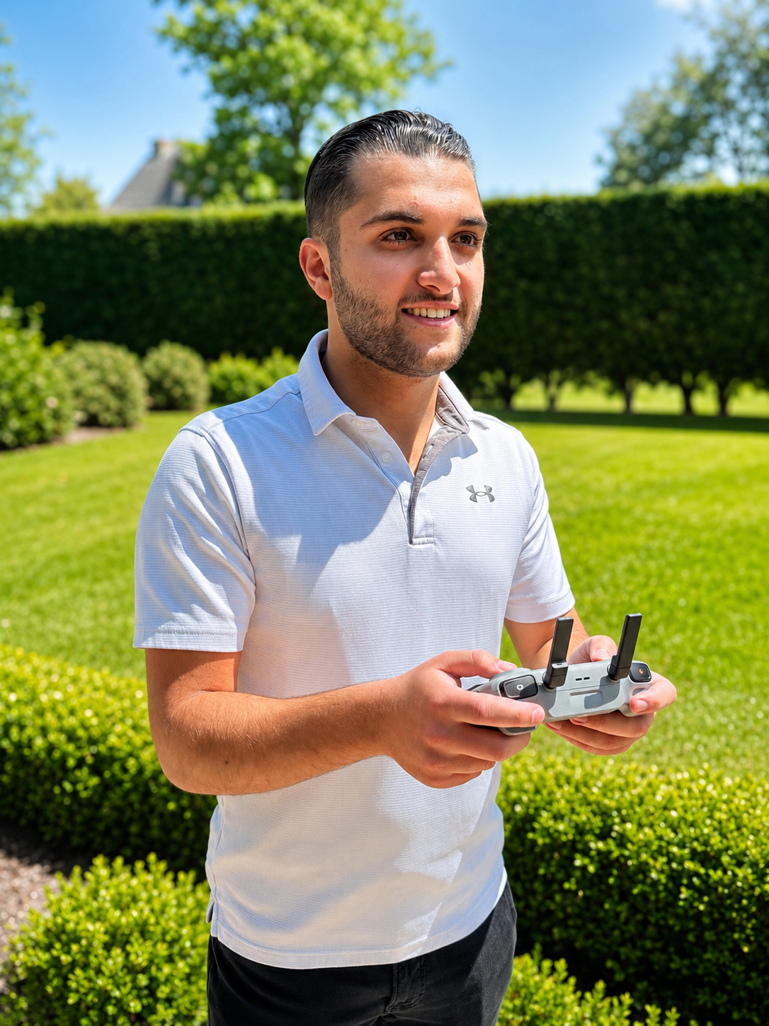 Young man flying a drone outdoors on a sunny day in a well-maintained garden with green grass, bushes, and trees.