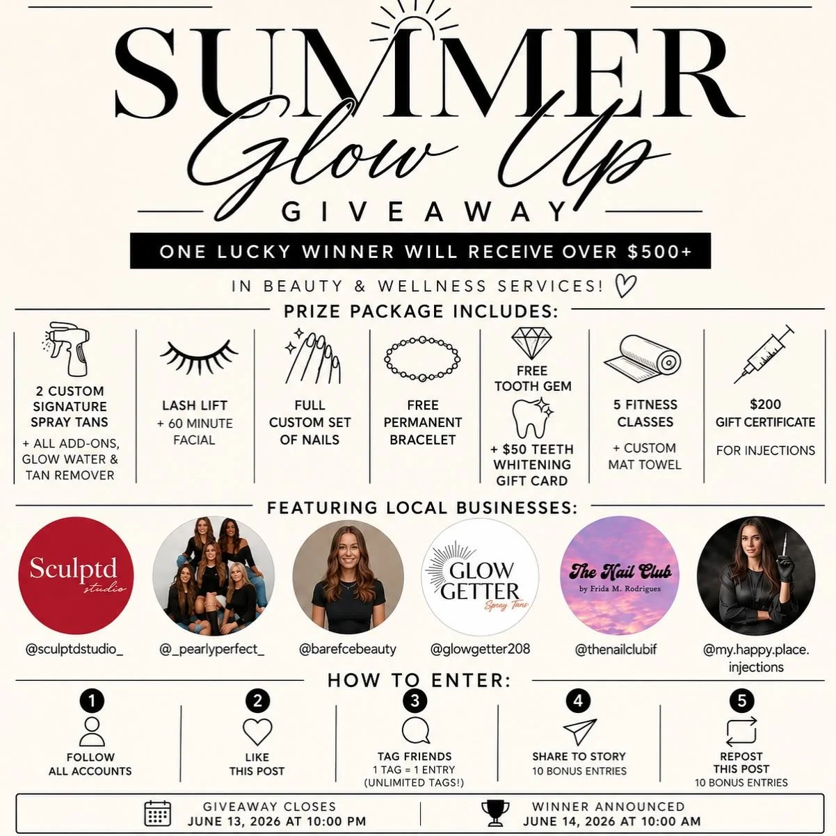 ✨ SUMMER GLOW UP GIVEAWAY ✨
We&rsquo;re teaming up with some amazing local businesses to give one lucky winner an incredible prize package! 🎉

🎁 PRIZE PACKAGE INCLUDES:

🤎 2 Custom Signature Spray Tans + All Add-Ons, Glow Water &amp; Tan Remover @