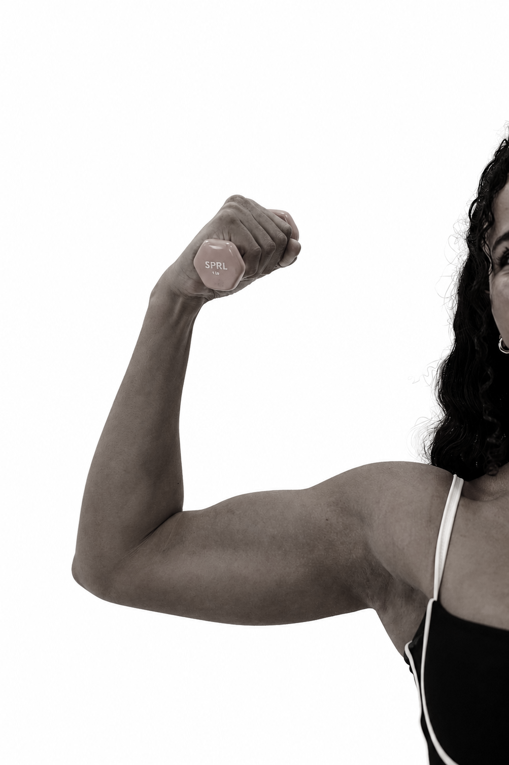 Black-and-white photograph from the Sculptd website of a person lifting a small dumbbell