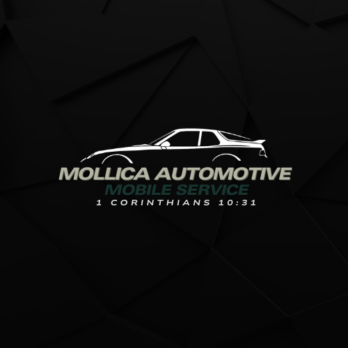 Logo for Mollica Automotive Mobile Service with a car outline and biblical verse, 1 Corinthians 10:31, on a black geometric background.