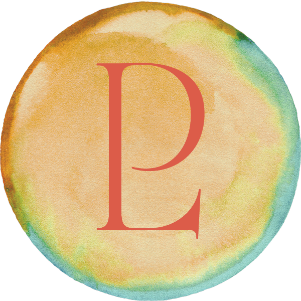 Watercolor background with the letters 'L' and 'P' in large red font in the center.