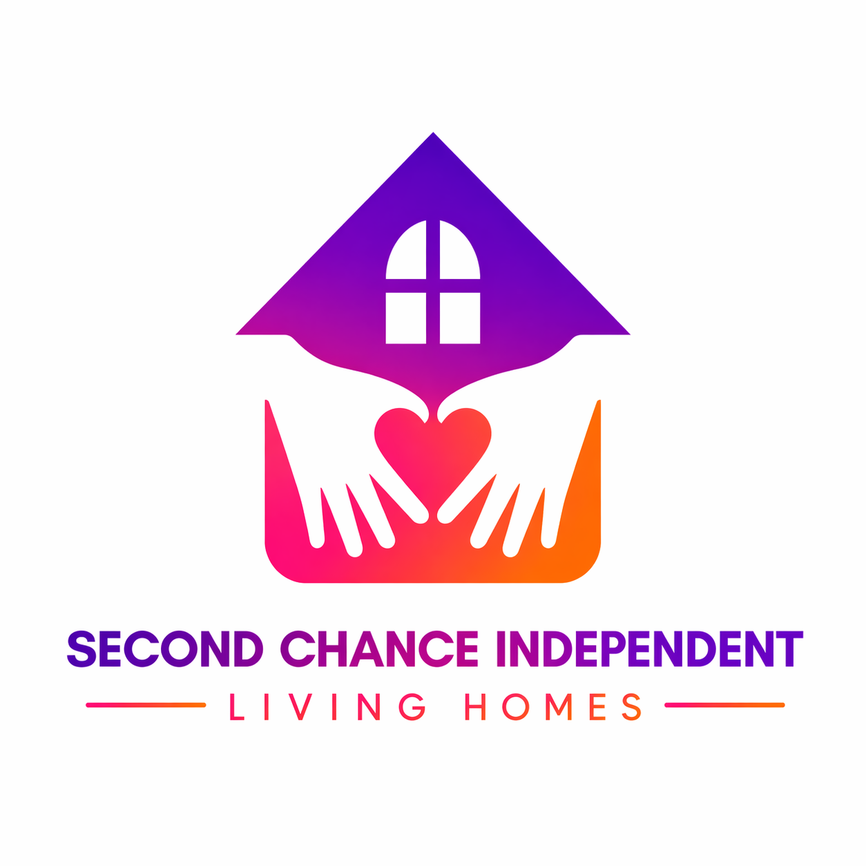 Logo for Second Chance Independent Living Homes featuring a house with a purple roof, a window, two hands forming a heart, and text in purple and red reading 'Second Chance Independent Living Homes'.