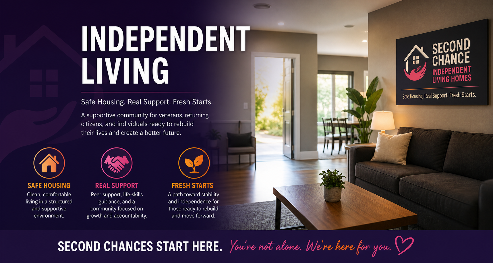 Image of a living room with a dark sofa, a lamp, a small plant on a wooden table, and a wall-mounted sign that reads 'Second Chance Independent Living Homes.'