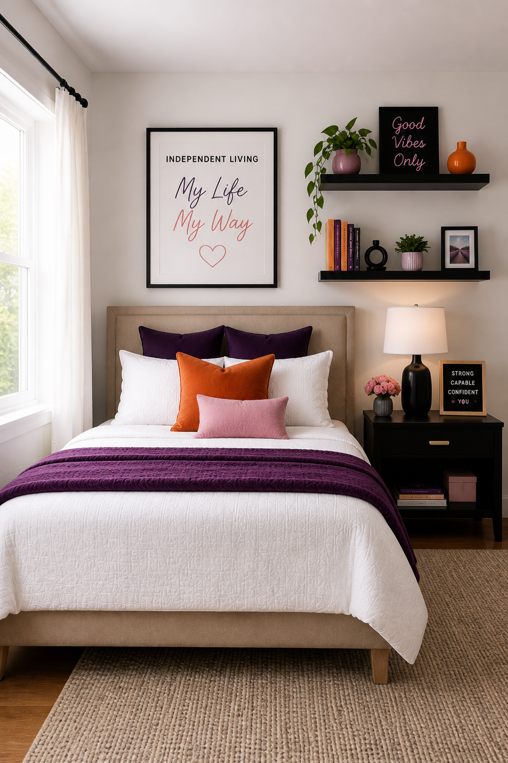 A neatly made bed with white bedding, purple, orange, and pink throw pillows, and a purple blanket. There is a nightstand with a lamp, pink flowers, and decorative items. Above the bed are framed wall art and shelves with books, plants, and decorative vases in a bright, window-lit bedroom.