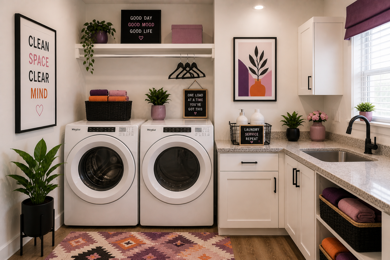 A laundry room with white walls and cabinets, a window with a purple curtain, and a granite countertop. There are two white washing machines, a potted plant, stacked towels, and decorative signs with motivational messages. The room has colorful framed artwork, potted plants, and a patterned rug.