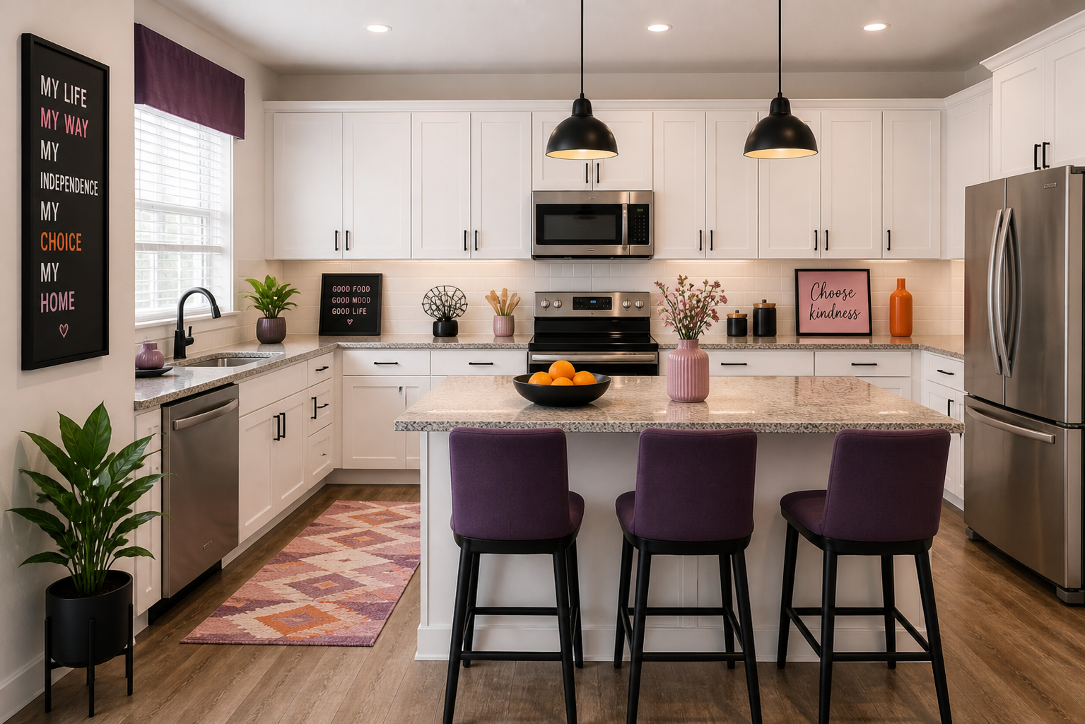 Modern kitchen with white cabinets, stainless steel appliances, purple barstools, and pink decor, including vases and framed art.