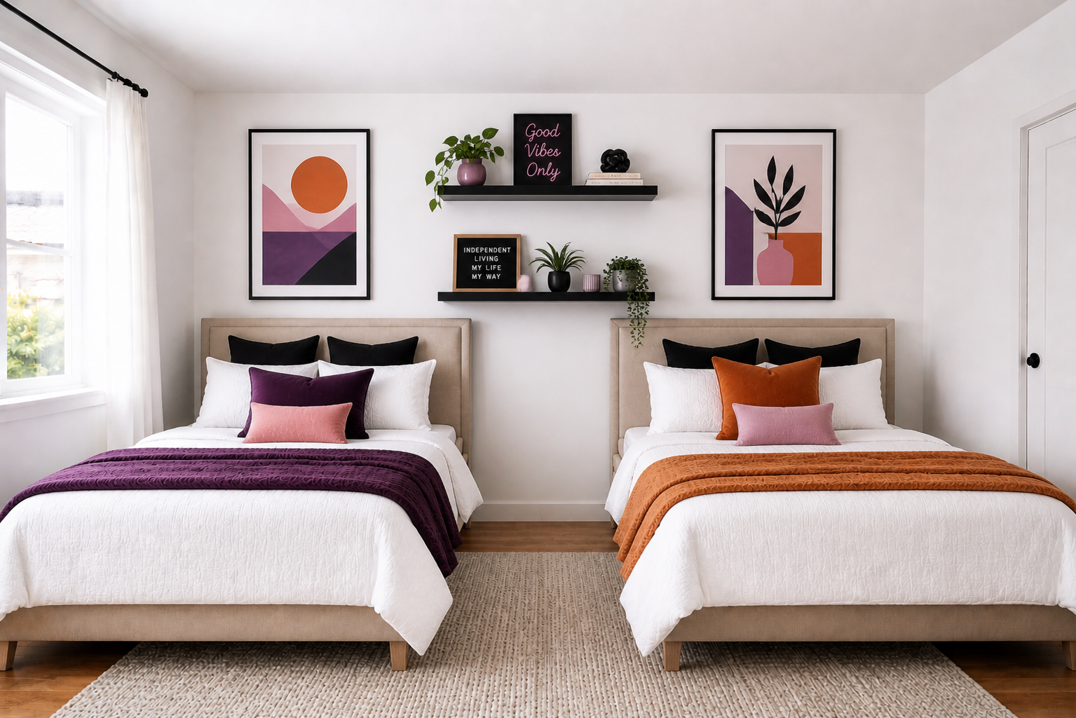 Two neatly made beds with beige headboards, white bedding, and colorful accent pillows, one with purple and pink tones, the other with orange and pink, in a bright bedroom with wall art and floating shelves with plants.