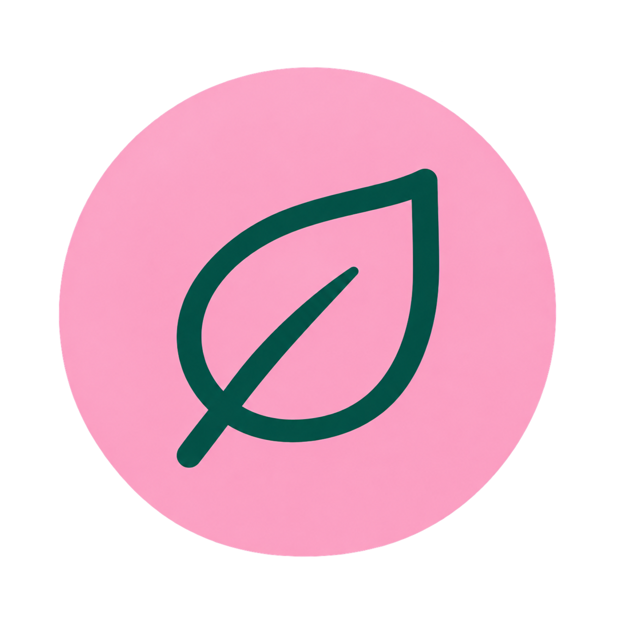 Pink circular icon with a green leaf outline in the center.