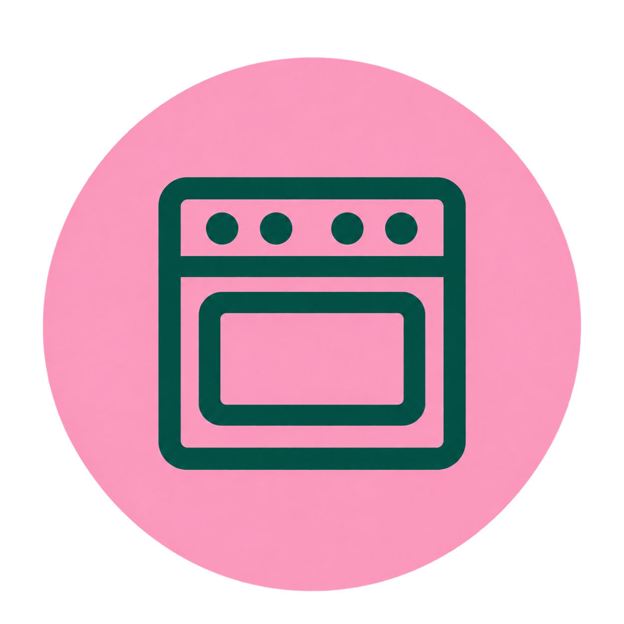 Pink circle icon with a black outline of a stove or oven.