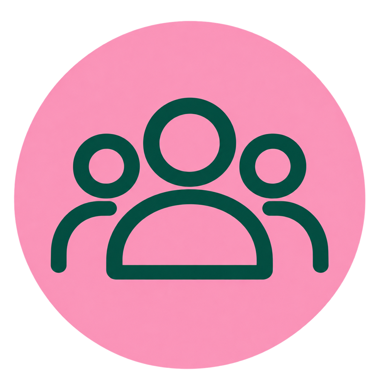 Icon of three people on a pink background.
