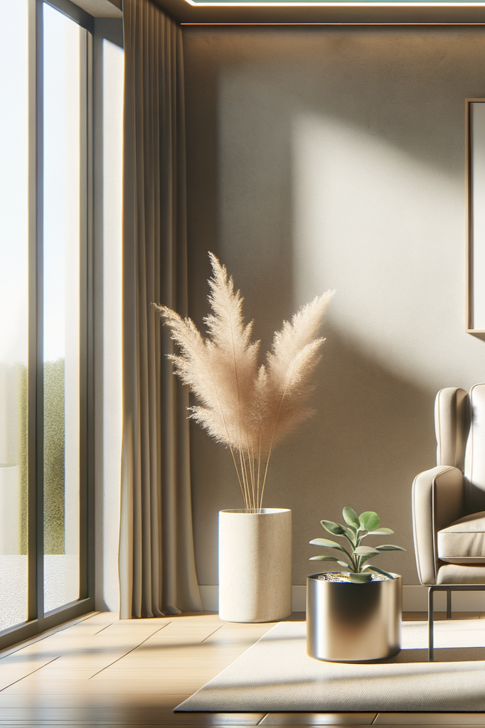 Modern living room with beige armchair, silver and black planters containing a green succulent and pampas grass, a large window with beige curtains, and a light-colored rug on wooden floor.