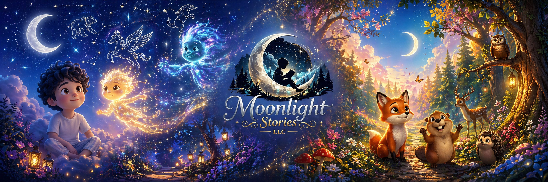 Moonlight Stories LLC emblem with a child reading in a crescent moon above an enchanted forest