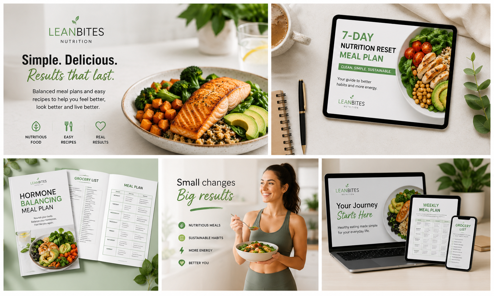 A collage of images related to healthy eating and meal planning, including a balanced meal with salmon and vegetables, a tablet display with a 7-day meal plan, a woman smiling with a bowl of salad, and printed nutrition plans and grocery lists.
