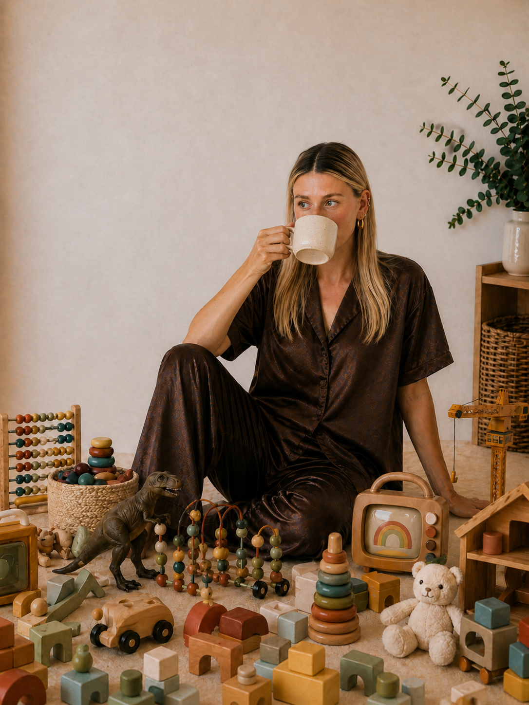 Woman in brown pajamas drinking coffee amid toys including wooden blocks, a teddy bear, a toy dinosaur, abacus, and a small television, in a cozy indoor setting.