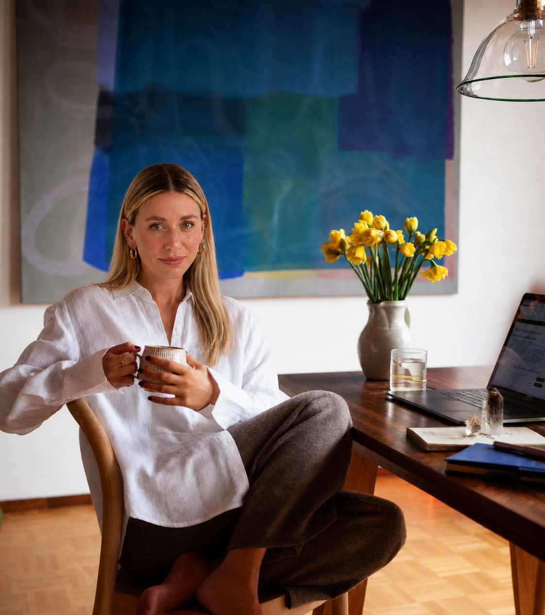 A woman with blonde hair, wearing a white shirt, is sitting cross-legged on a wooden chair and holding a mug. She is in a cozy room with a large abstract painting behind her, a vase of yellow flowers on the wooden table, a laptop, a glass of water, and some books.