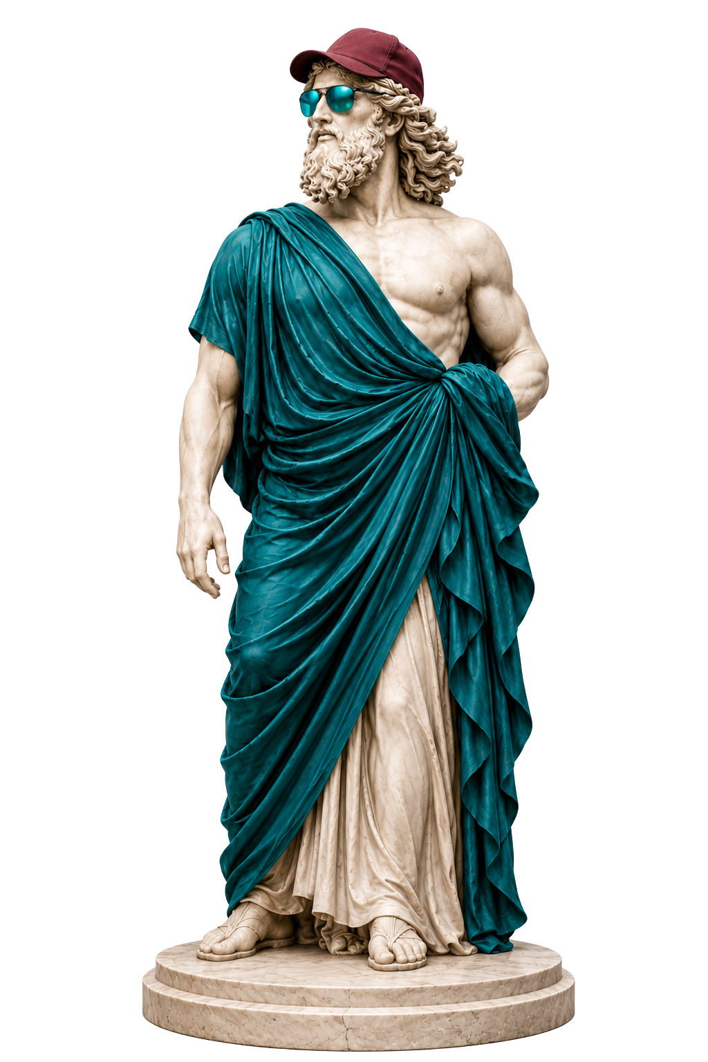 Statue of a bearded man wearing sunglasses, a cap, and a blue draped toga.