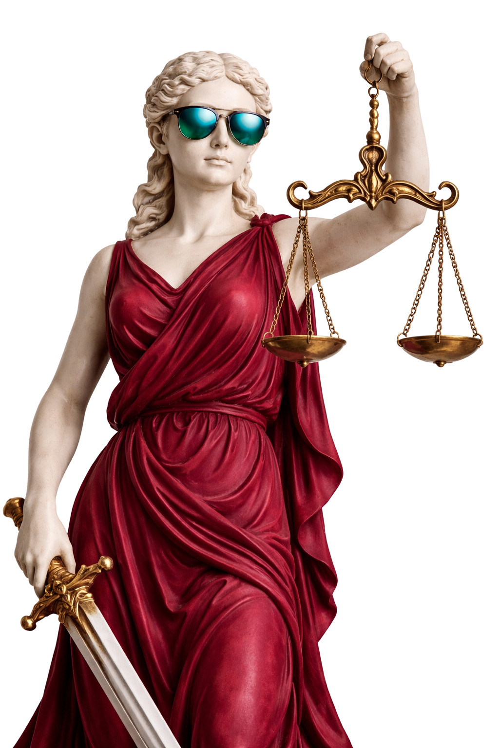 Statue of Lady Justice wearing sunglasses, holding a sword in her right hand and an empty set of balance scales in her left hand.