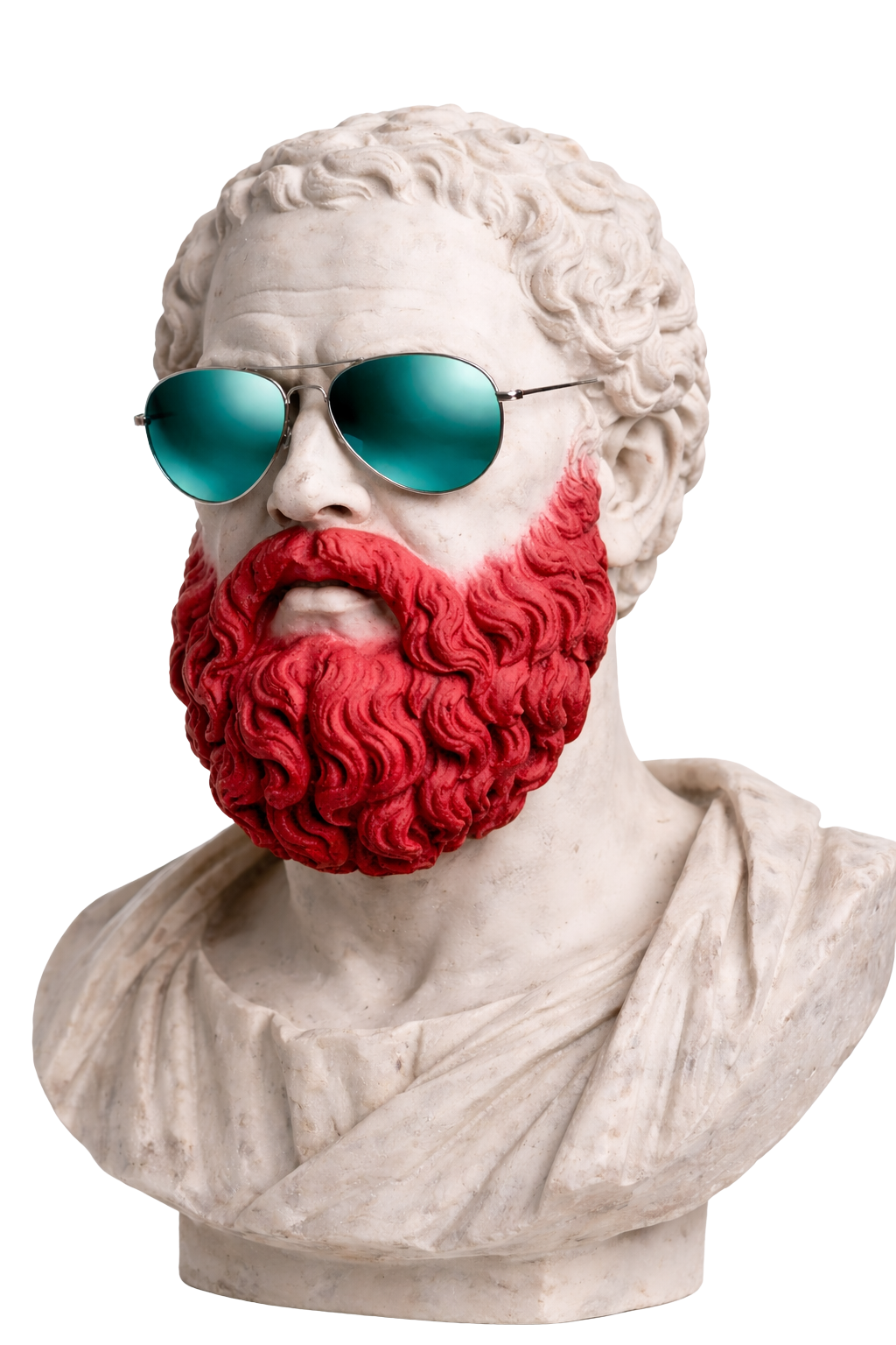 Marble bust of a man with a long red beard, wearing teal aviator sunglasses.