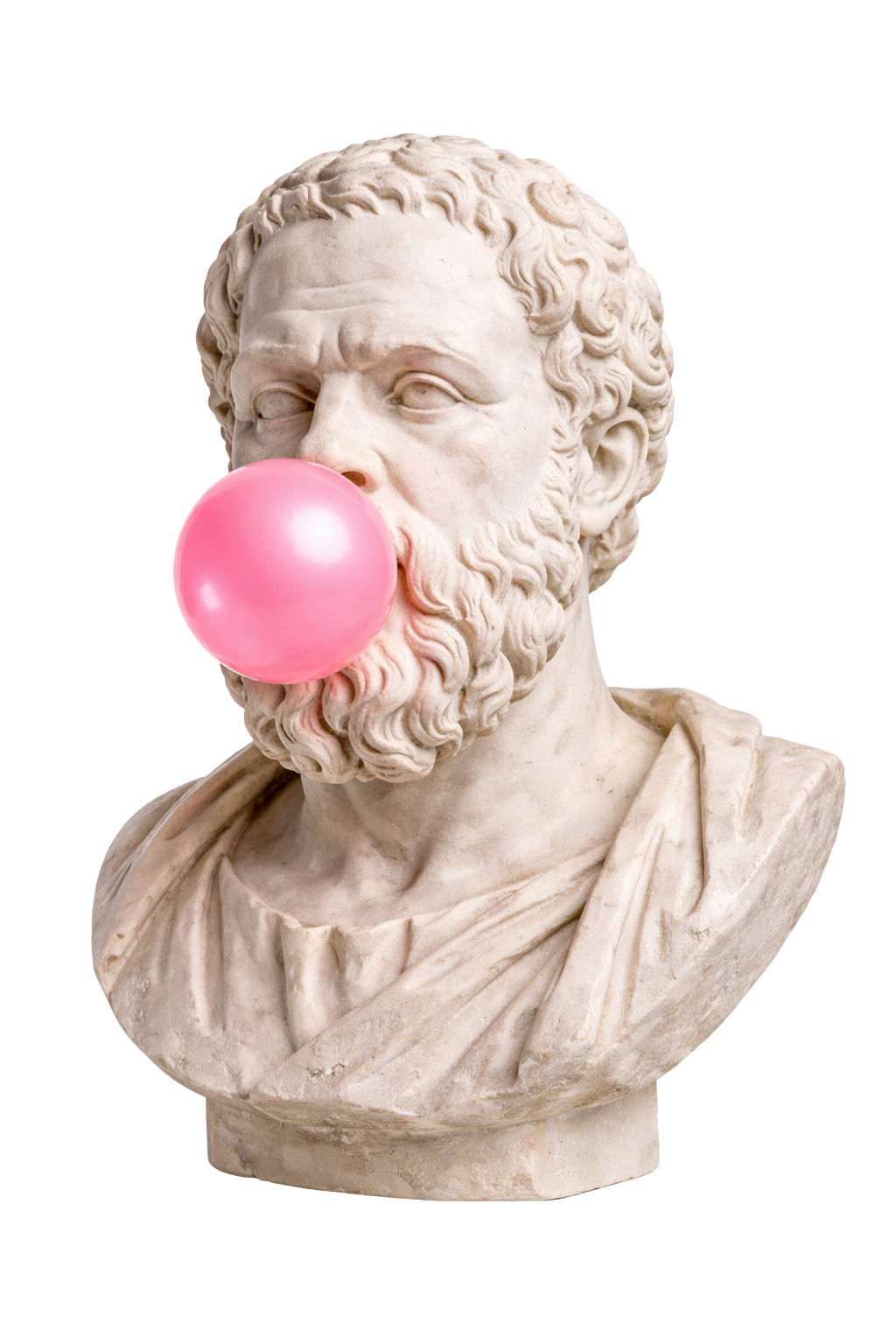 Marble bust of an ancient Greek or Roman man blowing a pink bubblegum bubble.